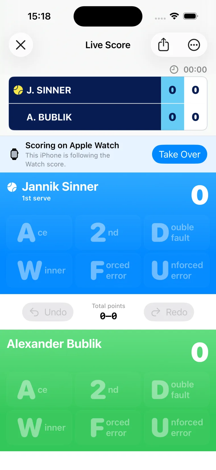 The paired iPhone showing the same Sinner and Bublik match while Apple Watch controls scoring