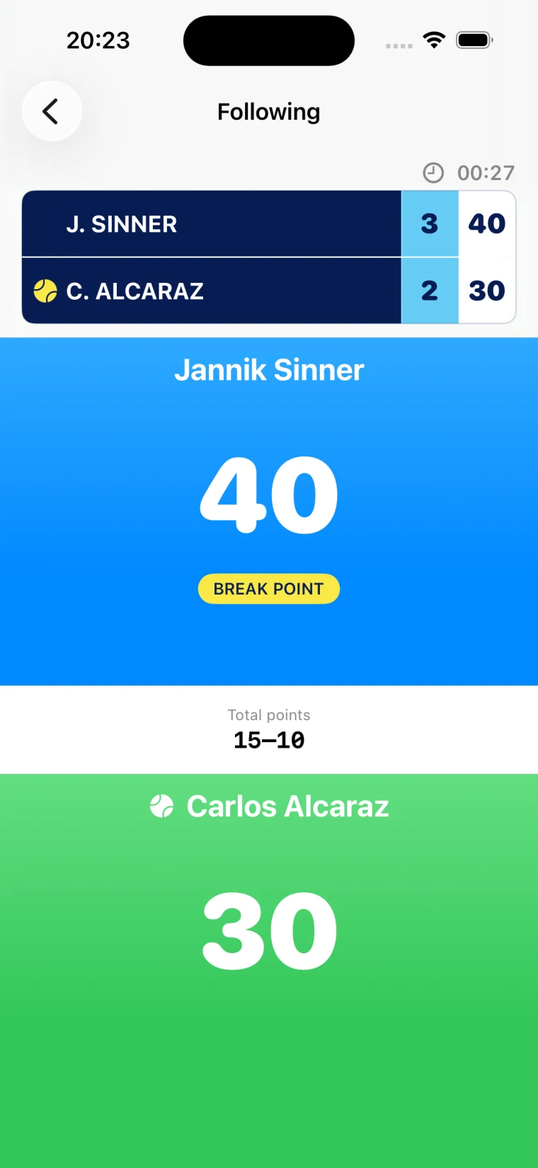 Match Update match screen on iPhone showing the same break point at 40–30