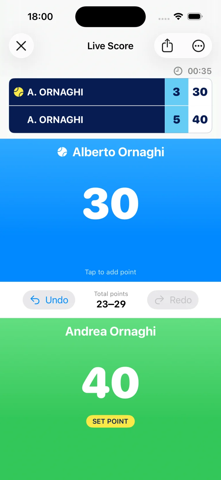 Match Update scoring screen on iPhone showing the same live score