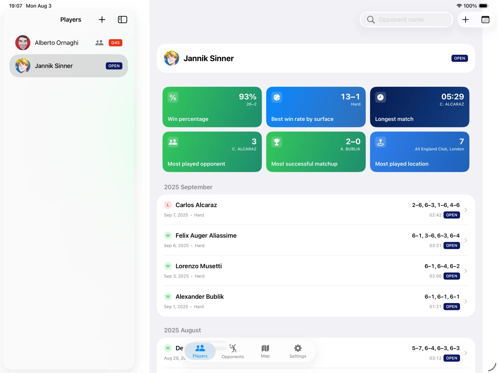 iPad player journey with performance highlights, recurring opponents and published match history