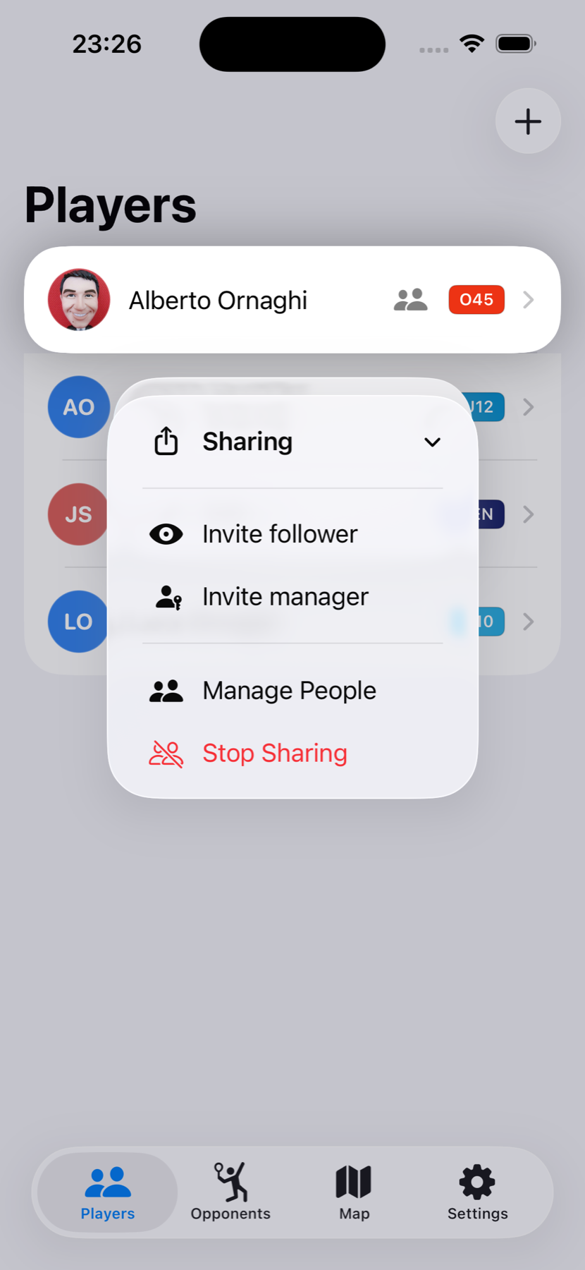 The Sharing menu with options to invite a Follower or Manager