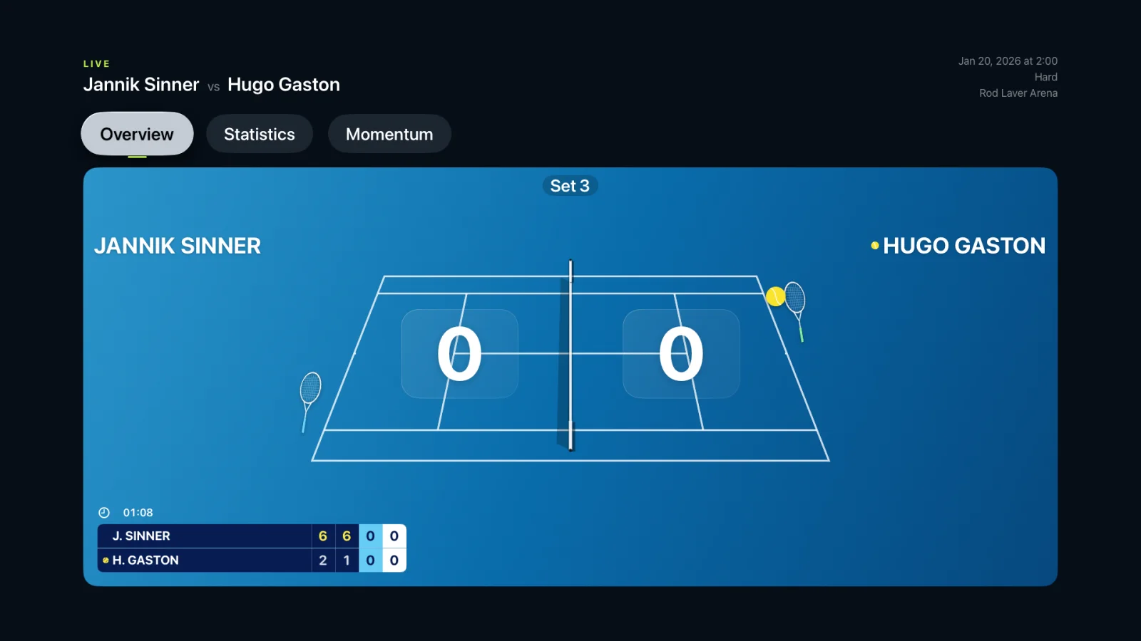 A shared live tennis match shown full screen on Apple TV with the court and scoreboard