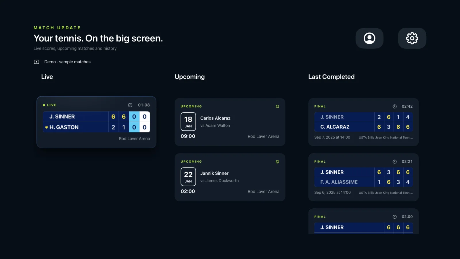 Match Update on Apple TV showing live, upcoming and recently completed matches